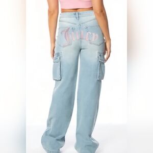 Juicy Couture Denim Wide Leg Cargo Jeans with Pink Logo Size 14